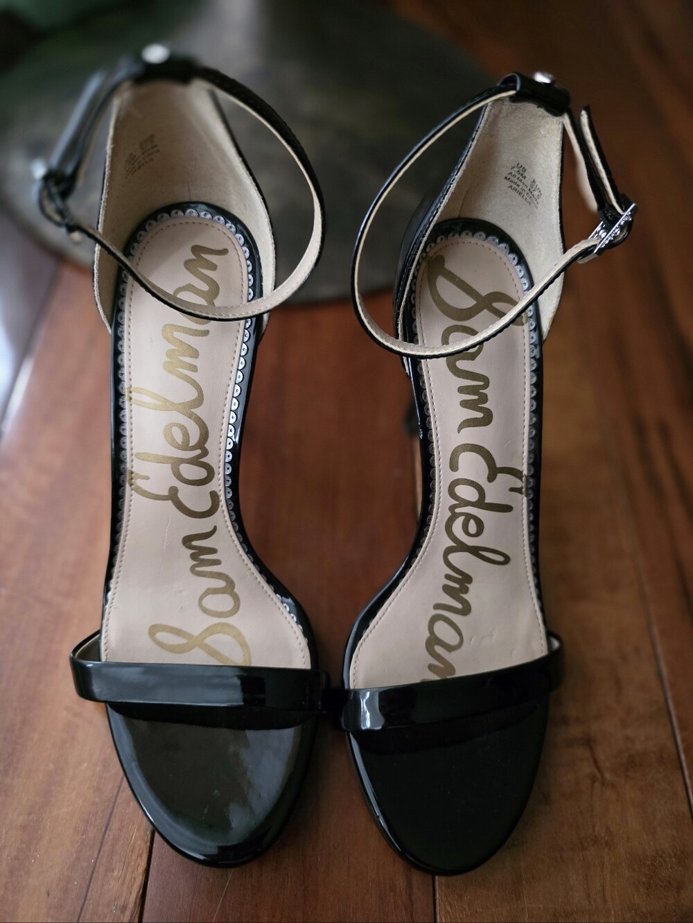 Sam Edelman Ariella Black Patent Ankle Strap Stiletto 4.25" Heels Sandals 7.5